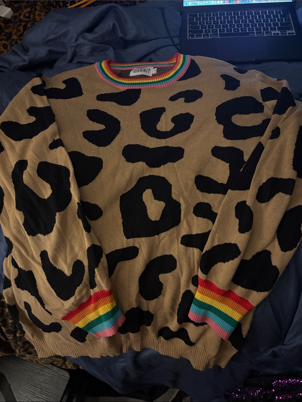 OXSNIT Tan Leopard Crewneck Sweater with Rainbow Trim